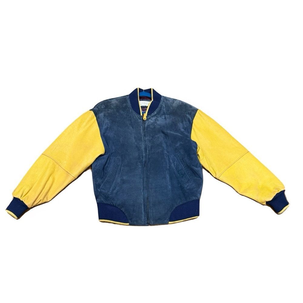🧥 Vintage Joshua Ross Navy & Yellow‎ Leather & Suede Bomber Jacket - Size 38 ✨